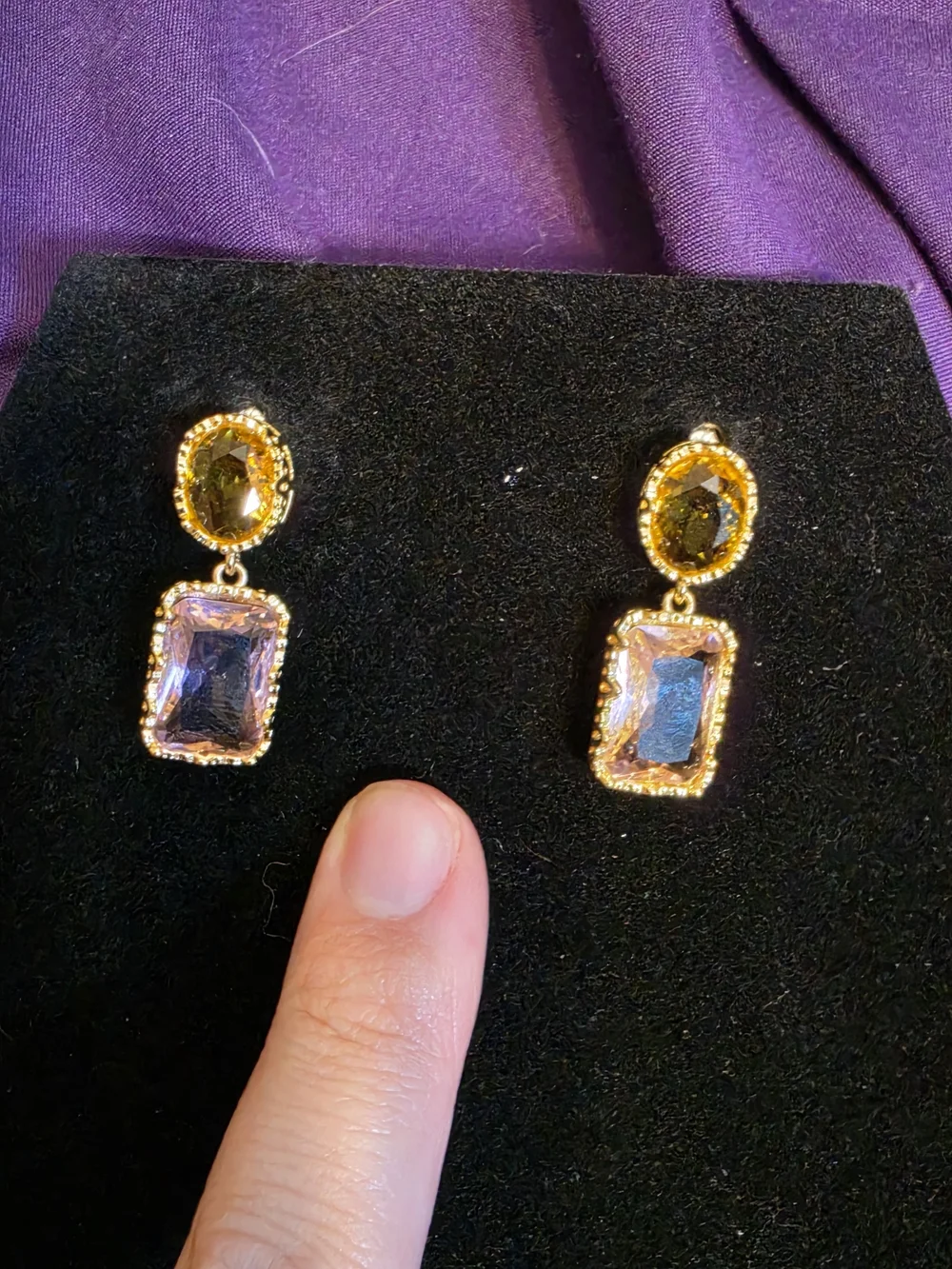 Gold-Tone Purple and Olive Crystal Drop Earrings